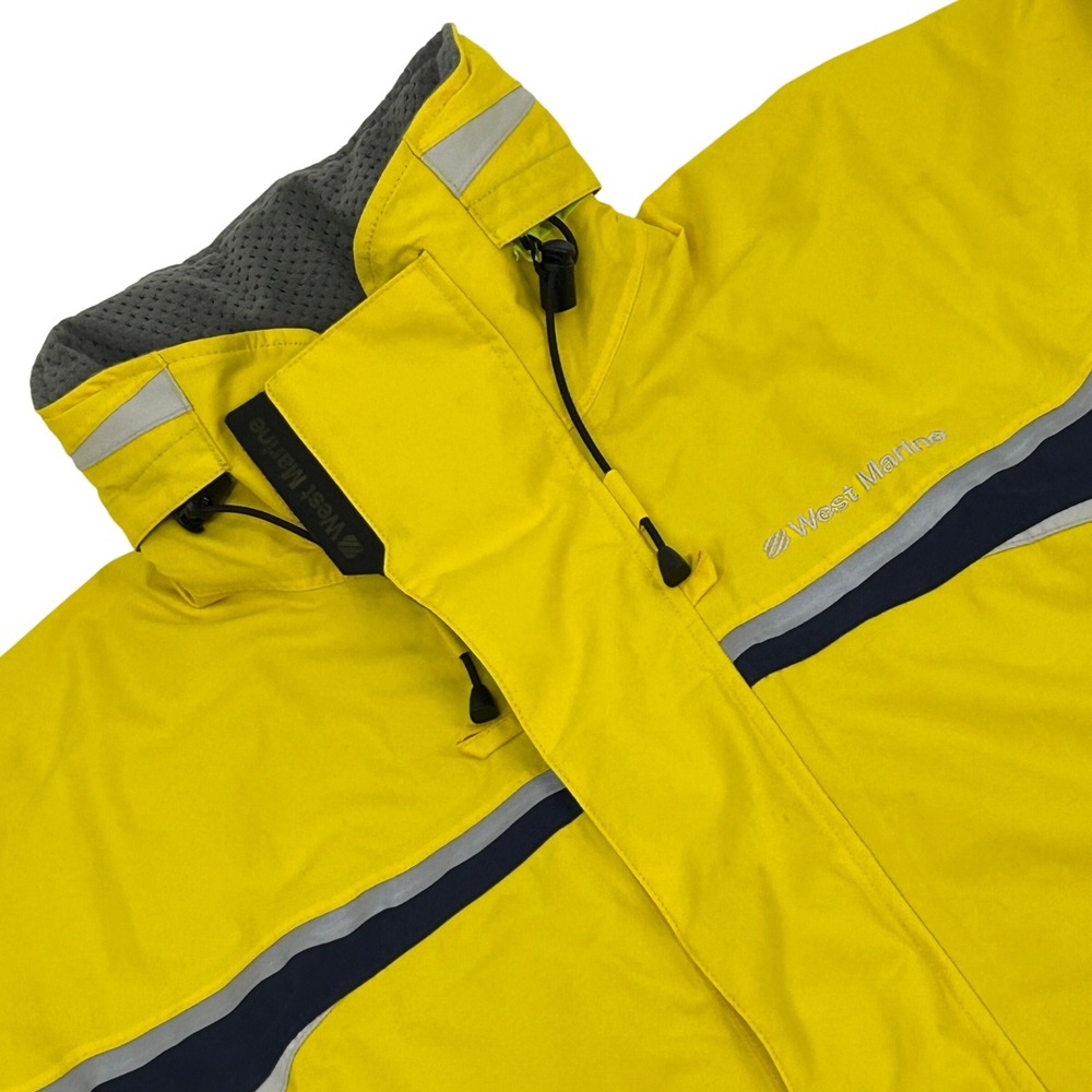 West Marine Third Reef Jacket Mens Medium Yellow Sailing Rain Coat Hidden Hood